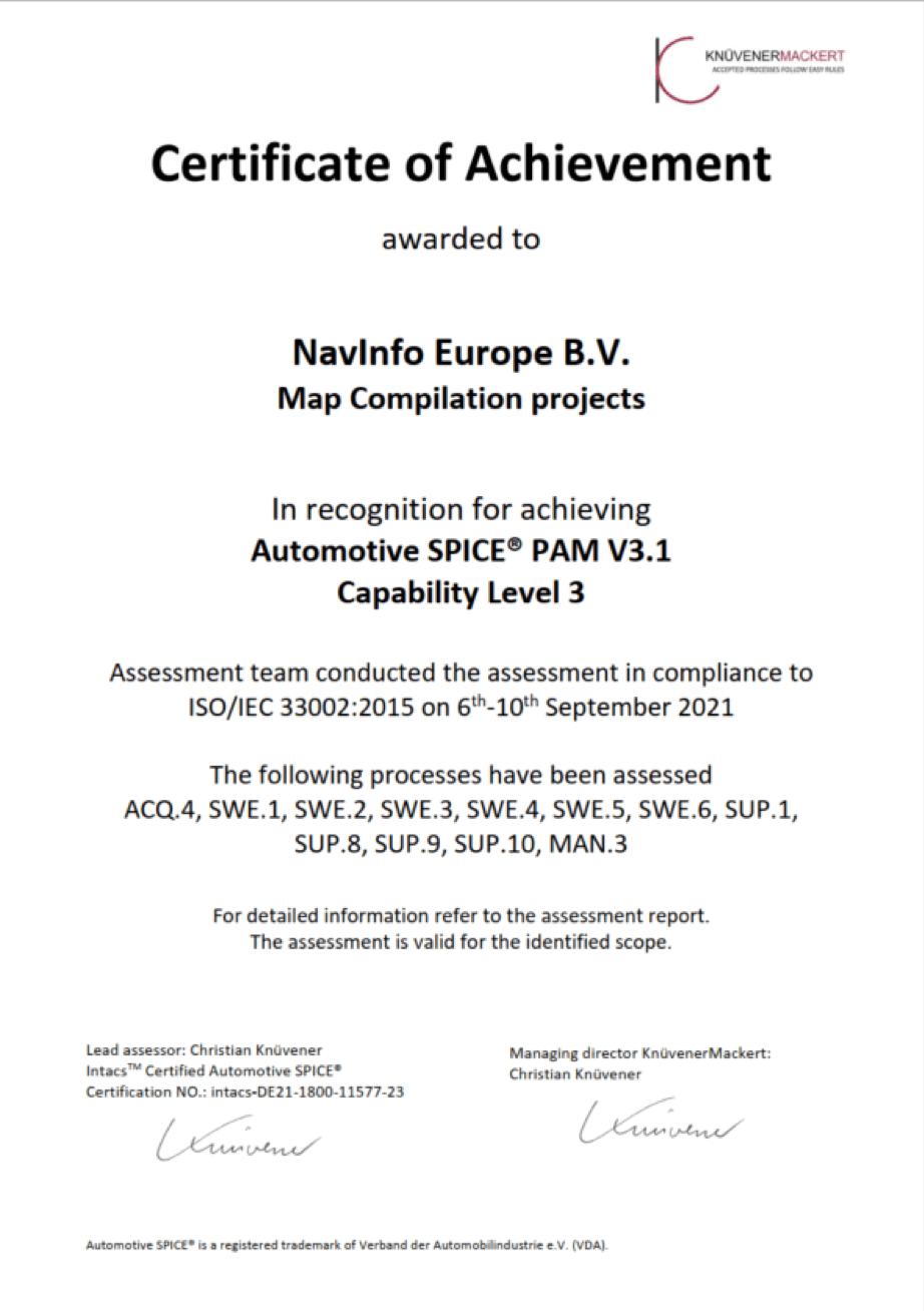 NavInfo Europe achieves Level 3 of the Automotive SPICE Assessment